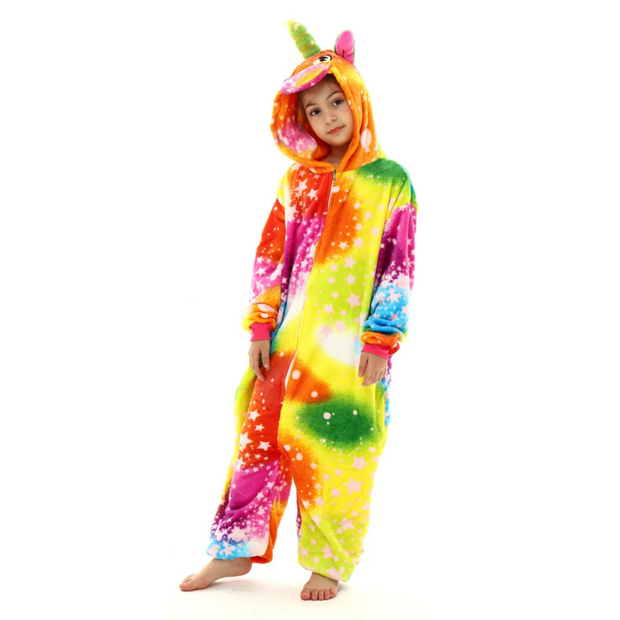 Rainbow Kids Unicorn Flannel Pajamas with Rainbow Tail and Star Pattern Children Sleepwear