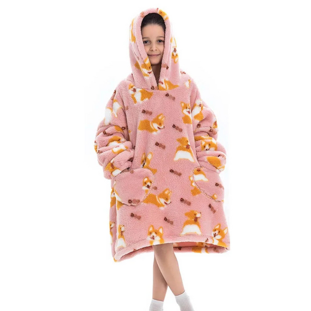 Pink Corgi Print Kids Flannel Hooded Blanket Sweater with Pockets