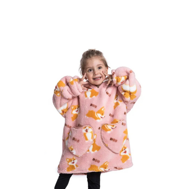 Pink Corgi Print Kids Flannel Hooded Blanket Sweater with Pockets